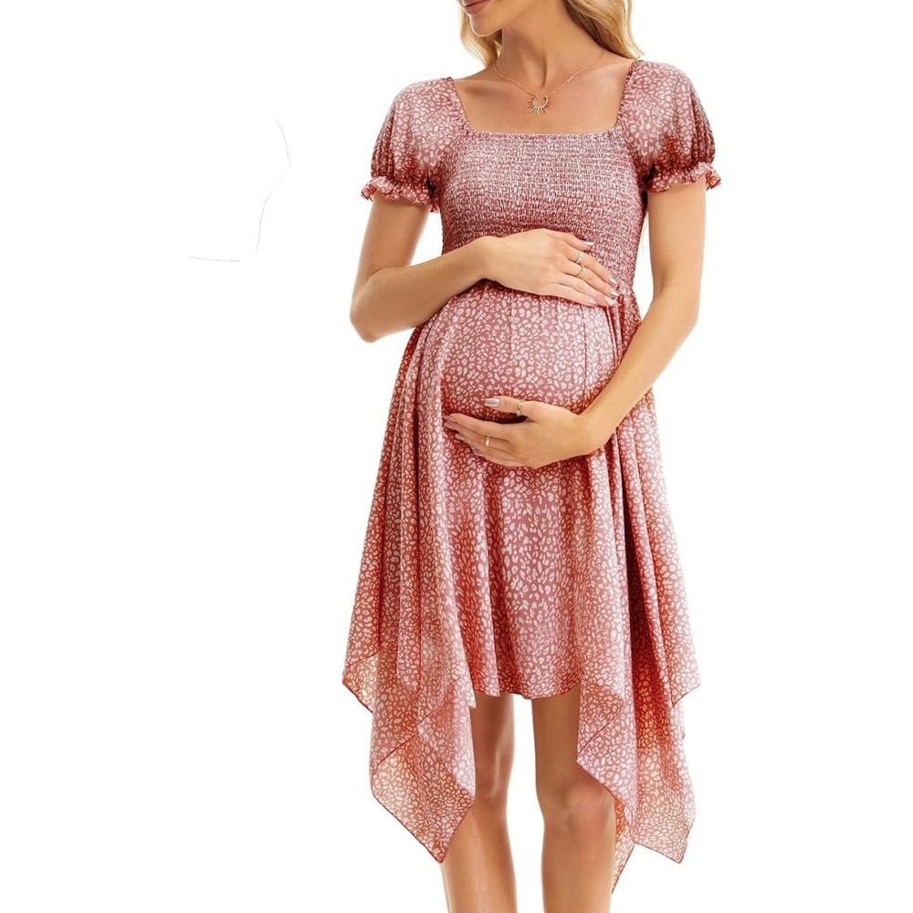 VmSlyii Maternity Dress Women S Pink New Animal Print Smocked Handkerchief Hem